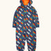 Frugi GOTS 100% organic cotton all in one hooded snuggle suit in navy with repeating playful flying rockets, full front zip and turned up cuffs