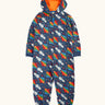 Frugi GOTS 100% organic cotton all in one hooded snuggle suit in navy with repeating playful flying rockets, full front zip and turned up cuffs