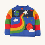 The back of the Frugi Corin Knitted Cardigan - Blue Tang/Rocket Flight, featuring a continuation pattern of the front with stars, planets, clouds and rainbow swirl coming from the star