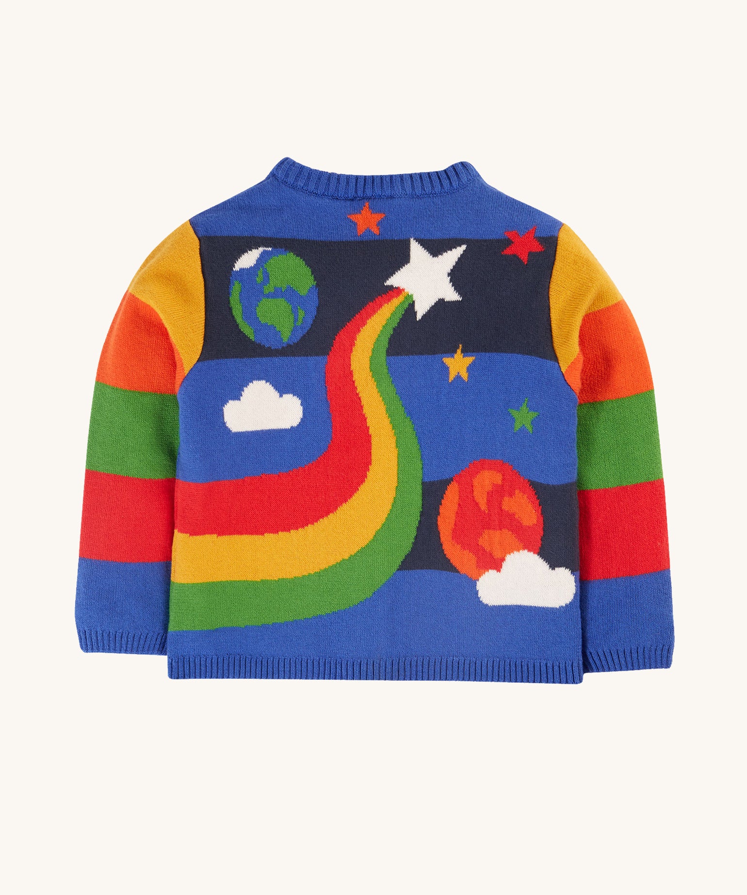 The back of the Frugi Corin Knitted Cardigan - Blue Tang/Rocket Flight, featuring a continuation pattern of the front with stars, planets, clouds and rainbow swirl coming from the star