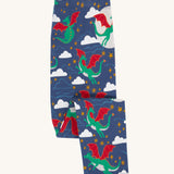 Frugi cosy leggings in navy/dragon skies available at Babipur. A GOTS organic cotton legging in navy with a green flying dragon print. 