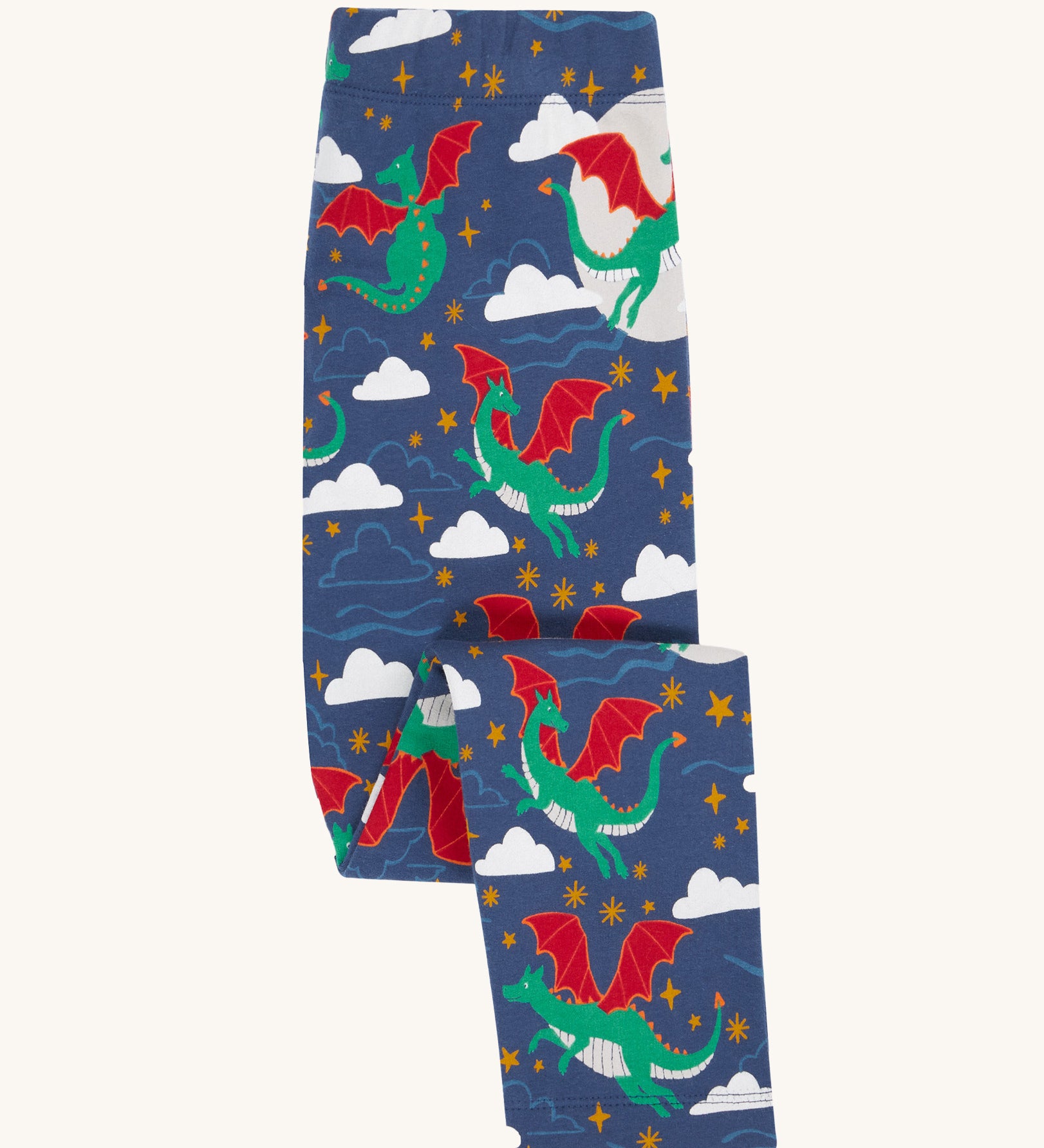 Frugi cosy leggings in navy/dragon skies available at Babipur. A GOTS organic cotton legging in navy with a green flying dragon print. 