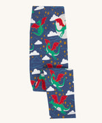 Frugi cosy leggings in navy/dragon skies available at Babipur. A GOTS organic cotton legging in navy with a green flying dragon print. 