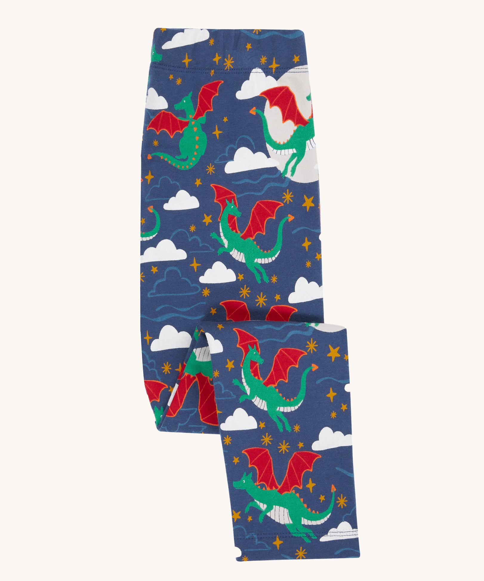 Frugi cosy leggings in navy/dragon skies available at Babipur. A GOTS organic cotton legging in navy with a green flying dragon print. 