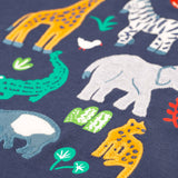 A closer look at the animal appliques on the Frugi Campfire Hooded Top - Navy Blue/Go Wild Animals