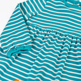 Frugi 100% GOTS organic cotton light blue and white striped kids dress laid flat showing a close up of the elasticated cuff detail 