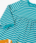 Frugi 100% GOTS organic cotton light blue and white striped kids dress laid flat showing a close up of the elasticated cuff detail 