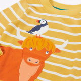 Frugi easy on top in yellow Bretton stripes with applique puffin and Highland cow.