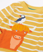 Frugi easy on top in yellow Bretton stripes with applique puffin and Highland cow.