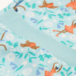 A closer look at the elasticated rib band n the back of the Frugi Easy Dressing Printed Babygrow - Enchanted Forest, for easy on dressing