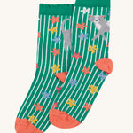 The green stripe and cat with flowers print of the Frugi Frill Socks 2 Pack - Get Outside