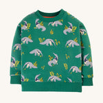 Frugi Superb Sweatshirt - Anteater Parade. A soft, organic cotton sweatshirt in emerald green colour and playful anteater repeat print