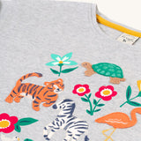 Frugi Bethany Applique Top - Grey Marl/Go Wild Animals