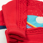 A closer look at the fold over cuffs and cable knit sleeves on the Caleb Character Knit Jumper - True Red/Penguin