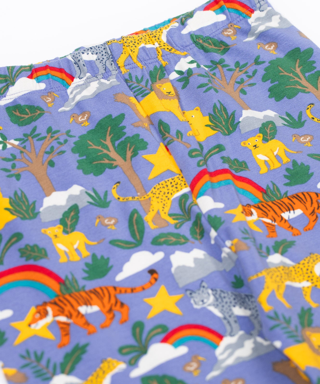 A close up of the Frugi libby leggings in grape into the wild available at Babipur showing the elasticated waist band detail