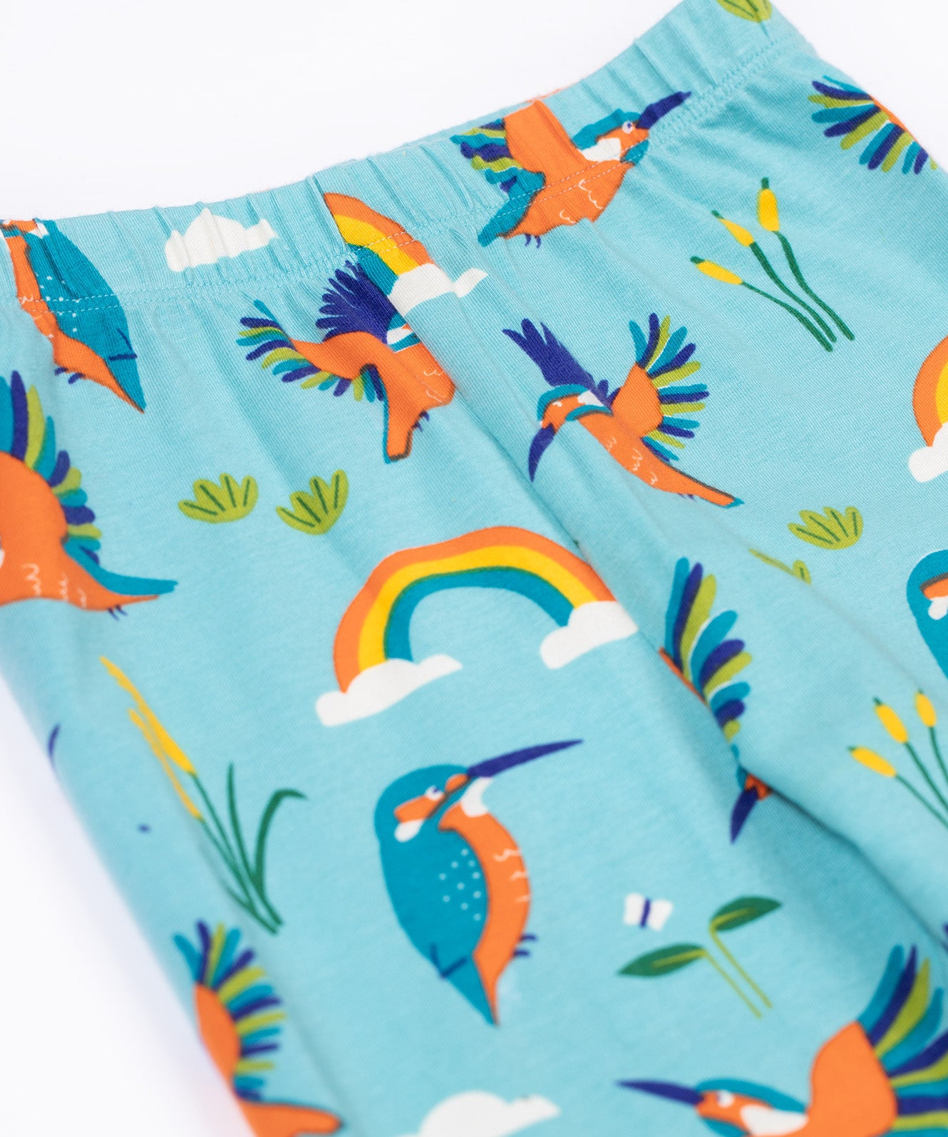 A close up of the Frugi libby leggings in kingfisher skies available at Babipur showing the elasticated waist band detail