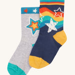 This 2-pack of Little Socks from Frugi are made with soft organic cotton and a touch of stretchy elastane to help them last longer. Featuring Stars Multipack designs, these rib top socks have contrasting coloured cuffs, heels and toes.