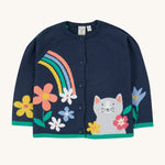 Frugi Reva Knitted Cardigan - Navy Blue/Cat. A beautiful navy cardigan with a gorgeous cat, rainbow and floral knit print