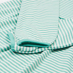 A closer look at the sleeves and stripe design on the Frugi Dolcie Dress - Moss Stripe/Puffin Rainbow