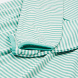 A closer look at the sleeves and stripe design on the Frugi Dolcie Dress - Moss Stripe/Puffin Rainbow