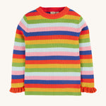 The Frugi Zoe Knitted Jumper - Retro Stripe, is a beautiful organic cotton, rib knit, long sleeve jumper in bold red, yellow, green, light blur and royal blue stripes, and ruffled wrist cuffs