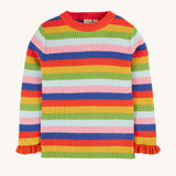 The Frugi Zoe Knitted Jumper - Retro Stripe, is a beautiful organic cotton, rib knit, long sleeve jumper in bold red, yellow, green, light blur and royal blue stripes, and ruffled wrist cuffs