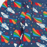 Frugi GOTS 100% organic cotton navy joggers with repeating space adventure rocket print showing a close up of the  side pockets