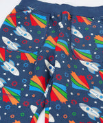 Frugi GOTS 100% organic cotton navy joggers with repeating space adventure rocket print showing a close up of the  side pockets