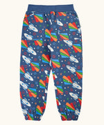 Frugi GOTS 100% organic cotton navy joggers with repeating space adventure rocket print with elasticated cuffs and waist band and side pockets