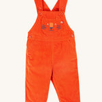 Frugi Durgan Cord Dungaree - Bonfire/Tiger. Orange cord dungarees with a fun embroidered tiger face on the front pocket