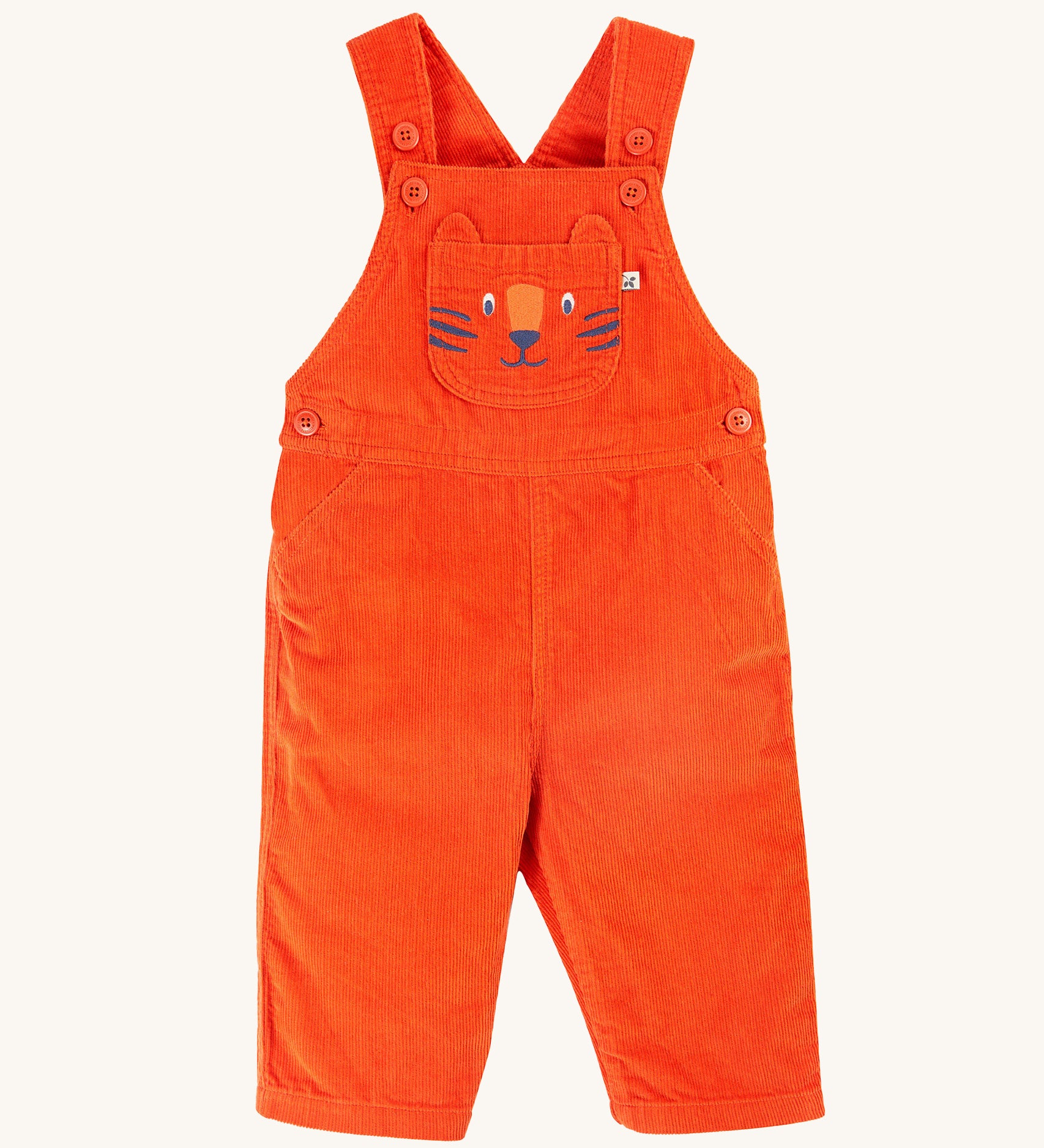 Frugi Durgan Cord Dungaree - Bonfire/Tiger. Orange cord dungarees with a fun embroidered tiger face on the front pocket