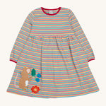 Frugi Dolcie Dress - Lingonberry Multi-Stripe. A beautiful stripe dress with a mouse and flower applique detail