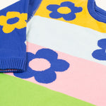 A closer look at the colour-block print on the Frugi Zola Reversible Knitted Dress - Blue Tang/Retro Floral