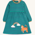 Frugi Dolcie Dress - Iguana Stripe/Tiger. A lovely navy and green stripe dress with a tiger and rainbow detail, and orange piping on the collar and cuffs