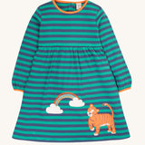 Frugi Dolcie Dress - Iguana Stripe/Tiger. A lovely navy and green stripe dress with a tiger and rainbow detail, and orange piping on the collar and cuffs