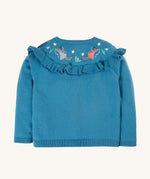 The back of the Frugi Romi Ruffle Cardigan - Deep Water/Fairies, showing the embroidered fairy's on the back of the ruffle collar