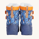 A close up of the Frugi out and about snow boots in penguin waddle showing the orange trim and deep blue sole detail