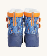 A close up of the Frugi out and about snow boots in penguin waddle showing the orange trim and deep blue sole detail