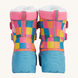 A close up of the Frugi out and about snow boots in rainbow check showing the pink trim and deep blue sole detail