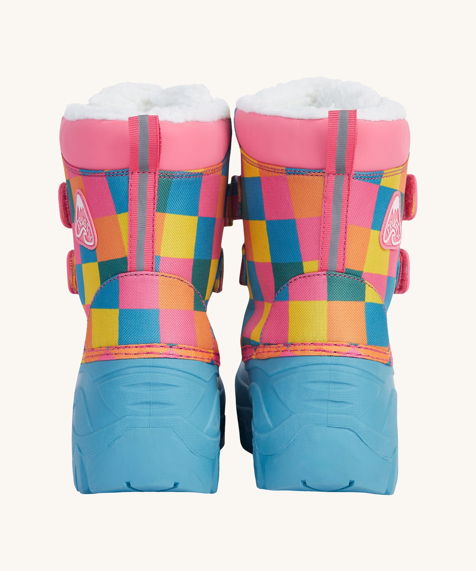 A close up of the Frugi out and about snow boots in rainbow check showing the pink trim and deep blue sole detail