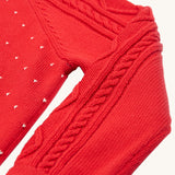 A closer look at the cable knit sleeve detail on the Caleb Character Knit Jumper - True Red/Penguin