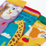 Frugi GOTS 100% organic cotton 3 pack socks including guinea pigs, giraffes, and koalas themes showing their comfy ribbed cuffs 