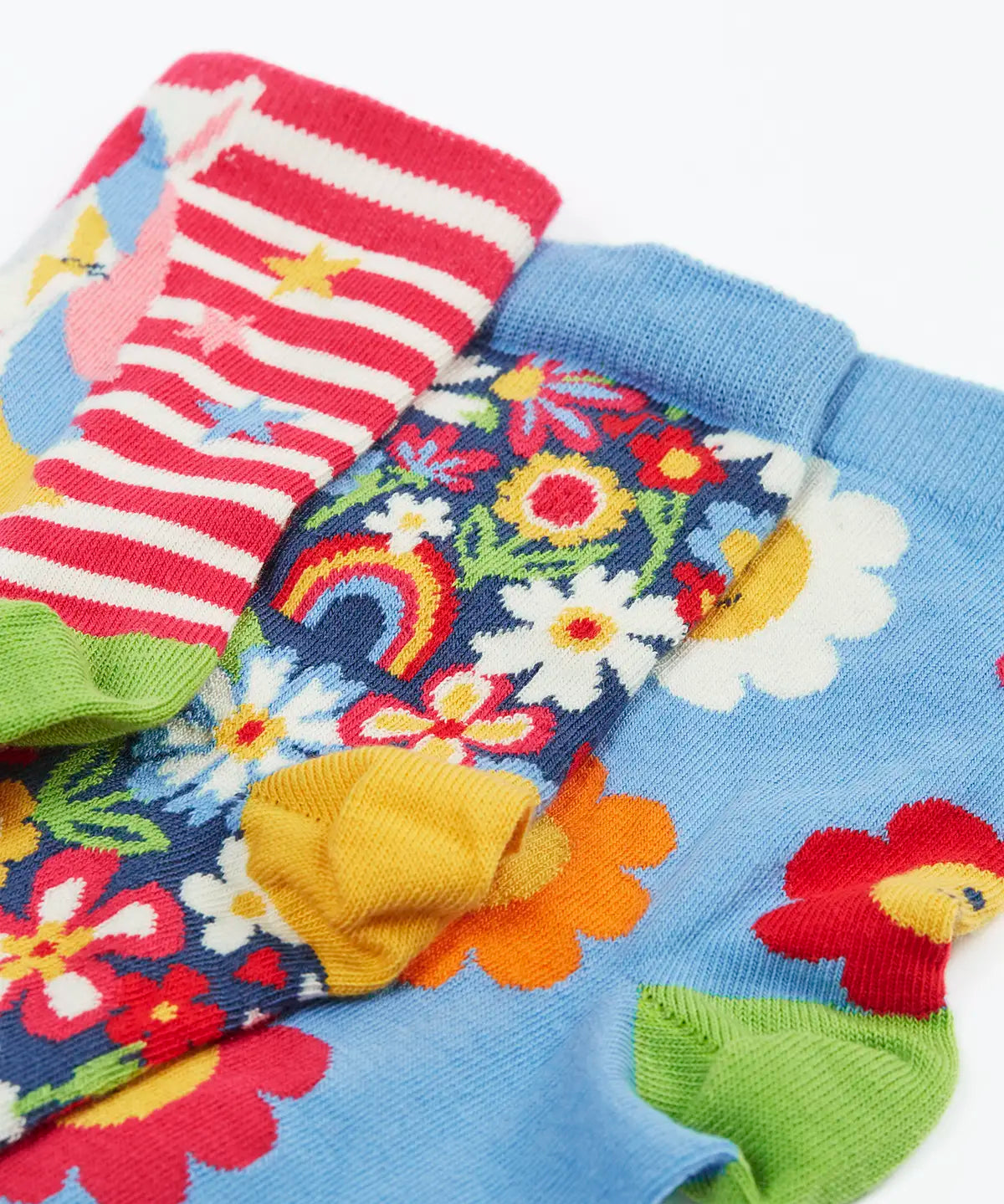 Frugi GOTS 100% organic cotton 3 pack socks in horses, sparkles, and flowers themes showing their comfy ribbed cuffs 
