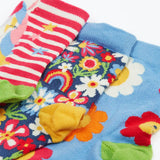 Frugi GOTS 100% organic cotton 3 pack socks in horses, sparkles, and flowers themes showing their comfy ribbed cuffs 
