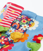 Frugi GOTS 100% organic cotton 3 pack socks in horses, sparkles, and flowers themes showing their comfy ribbed cuffs 