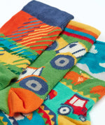 Frugi GOTS 100% organic cotton 3 pack socks including tartan, tractor and Scottish farm themes showing their comfy ribbed cuffs 