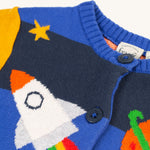 A closer look at the buttons and rocket print on the Frugi Corin Knitted Cardigan - Blue Tang/Rocket Flight