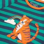 A closer look at the tiger and rainbow applique on the Frugi Rowan Romper - Iguana Stripe/Tiger