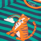 A closer look at the tiger and rainbow applique on the Frugi Rowan Romper - Iguana Stripe/Tiger
