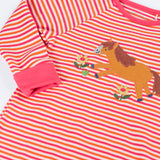 Frugi GOTS 100% organic cotton kids romper in pink and white stripes showing a close up of the horse applique on the front chest